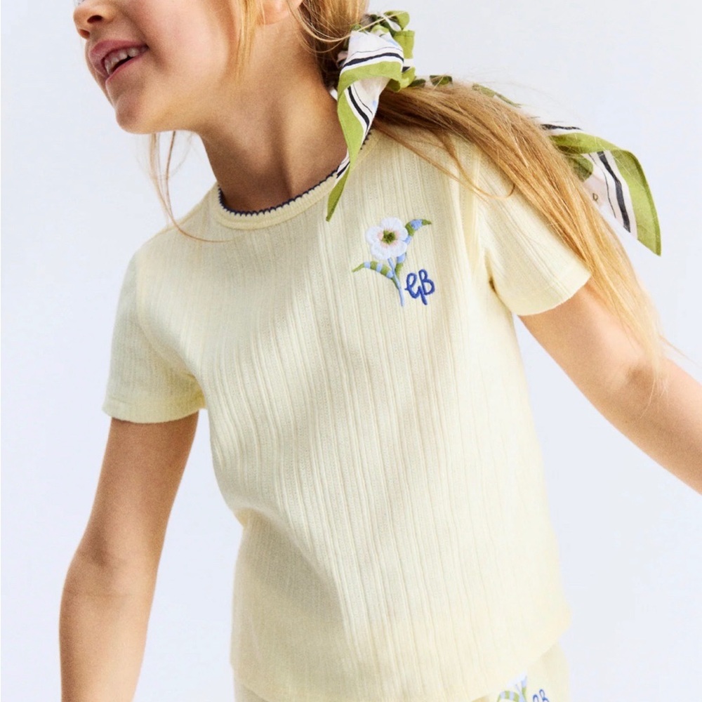 TWO PC SET Girls' Light Yellow Floral Embroidered Rib